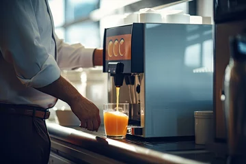 Abwaschbare Fototapete A professional waiter in a restaurant prepares a fresh orange juice using a machine in the morning. © Andrii Zastrozhnov