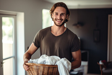 A cheerful young man happily taking care of household chores, doing laundry and ironing clothes at home.