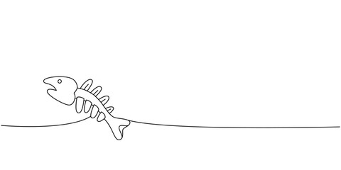 Fish bone skeleton one line continuous drawing. Animals accessories, pet toy supplies continuous one line illustration.