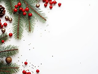 Fototapeta na wymiar Christmas Background, Spruce Branches, Red Berries on White Background with Space for Text