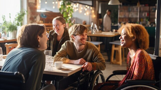 A Group Of People With Disabilities Have Lunch At A Table. Friends With Disabilities. Living Fully With A Disability