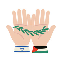 israel and palestine flags in hands with olive branch