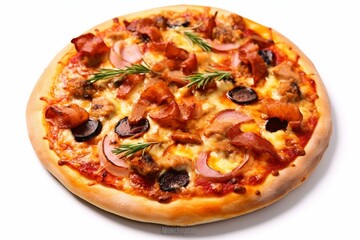 A savory pizza topped with meat on a plain white background, in high definition and improved quality. Generative AI - obrazy, fototapety, plakaty