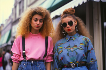 90s, hipsters Memphis style, 1990s, Retro music party, Funky, retrowave, cassette time, tape recorder neon, Fashion street style, bright looks, imported clothing, evocative style.