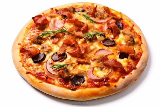 A savory pizza topped with meat on a plain white background, in high definition and improved quality. Generative AI