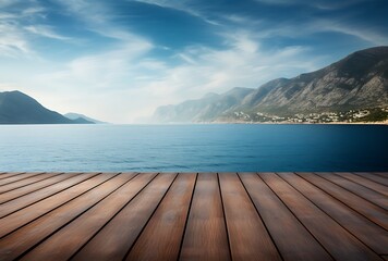 Empty wooden deck with sea and mountains on background. For product display