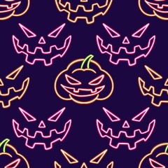 seamless pattern Jack-o-lantern glowing desktop icon, neon Pumpkin face Halloween sticker, neon figure, glowing figure, neon geometrical figures 