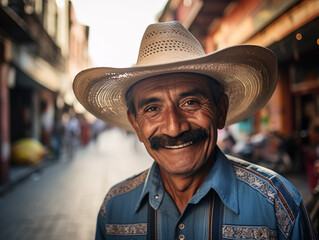 Hombre mayor mexicano, de piel morena, bigote y sombrero de vaquero, usando una camisa, posando en las hermosas calles de la Ciudad de México - obrazy, fototapety, plakaty