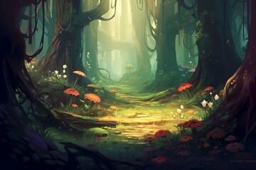 Illustration of a forest interior with painted background. Generative AI