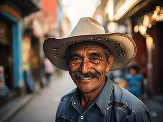 Hombre mayor mexicano, de piel morena, bigote y sombrero de vaquero, usando una camisa, posando en las hermosas calles de la Ciudad de México - obrazy, fototapety, plakaty