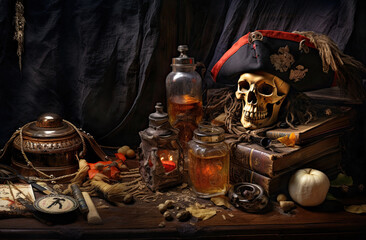Fototapeta na wymiar Pirate's treasure chest overflowing with shiny coins, jewels, and other valuable trinkets.