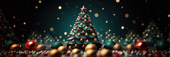 Christmas background with tree, baubles and shiny lights - AI Generated - obrazy, fototapety, plakaty