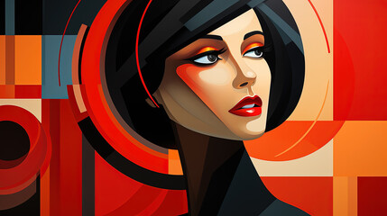 Colorful Portrait Graphic Sketch Painting of Pretty Women Face With Dark Red Lips Abstract Background