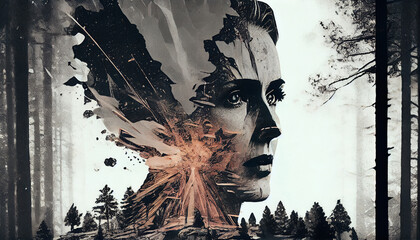 Creative Double Exposure of a Beautiful Girl Face Forest Landscape Black and White Background