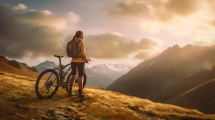 Woman stands with sports bike at mountain top on sunset sky background