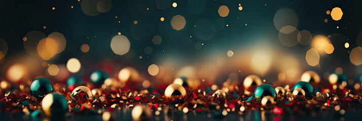 Christmas background with tree, baubles and shiny lights - AI Generated