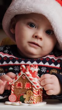 Christmas vertical video. Portrait of baby boy wearing Santa hat.