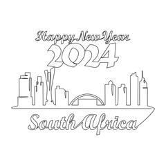 Obraz premium One continuous line drawing of Happy New Year in South Africa. New Year Design with South Africa skyline in simple linear style vector illustration. Suitable for greeting card, poster and banner.