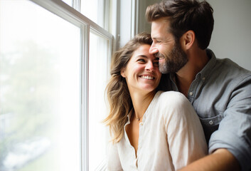 A Beautiful Day in the Life: Young Couple in Their 30s Pausing to Enjoy a Moment by the Window - Love, Hope, & Togetherness.