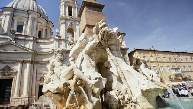 Cinematic Tilt Shot Of Fiumi Fountain In Rome