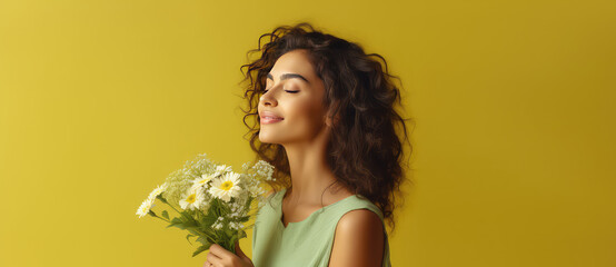Portrait of a woman smelling flowers on flat pastel yellow background with copy space for text, spring banner template. Bouquet gift, flower store. 