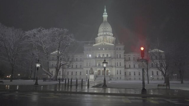 Snowy Lansing Michigan State Capitol at night