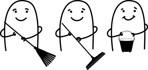 Thumb man. They love cleaning the house. People holding broom, bucket and squeegee with happy. Charcter emotional. New set of characters in the style of meme flork. - obrazy, fototapety, plakaty