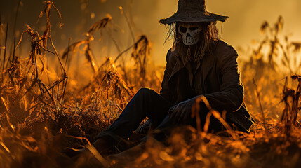 An illustration of a scarecrow bathing in the eerie light of a Halloween bonfire, casting long shadows on the tall grass of a field. Generative AI - obrazy, fototapety, plakaty
