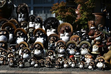 Japan tourism. Famous pottery. Famous pottery Shigaraki Ware. It is famous for its raccoon dog ( Tanuki ) ornaments. Koka city, Shiga prefecture, Japan. - obrazy, fototapety, plakaty