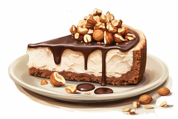 Illustration of a delectable chocolate cheesecake adorned with hazelnuts. A tempting, sweet treat. Generative AI