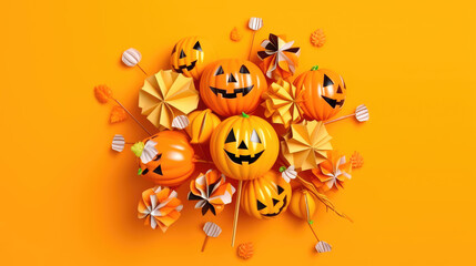 Halloween candies with paper decorations on orange background. Generative AI