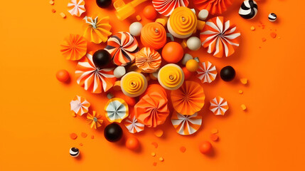 Fototapeta premium Halloween candies with paper decorations on orange background. Generative AI