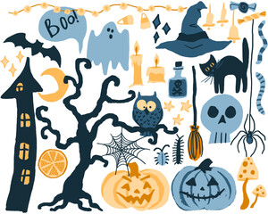 Halloween vector illustrations, hand drawn set of design elements