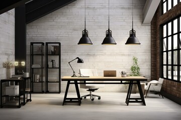 Render of a loft style office with white brick wall, concrete floor, black steel structure, hanging lamp, and white furniture. Generative AI