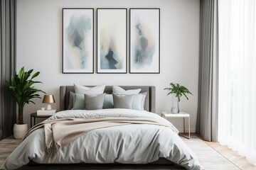 Modern bedroom with grey tones, framed artwork. Generative AI