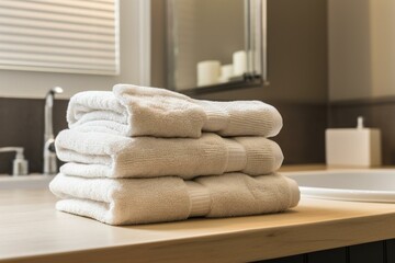 Pile of towels on bath counter. Generative AI