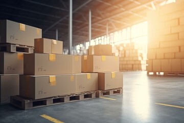 Concept of delivery with boxes on pallet in warehouse. Generative AI - obrazy, fototapety, plakaty