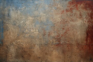 Textured background with corroded metal plate in shades of brown, red, and blue, revealing detailed scratches. Generative AI