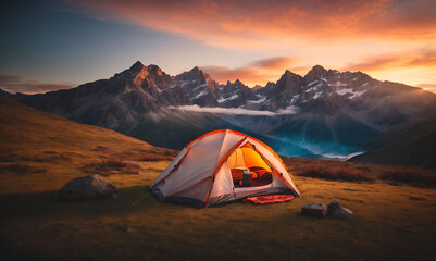 camping tent high in the mountains at sunset, creating a sense of peace, tranquility, and the beauty of nature in the twilight hours.