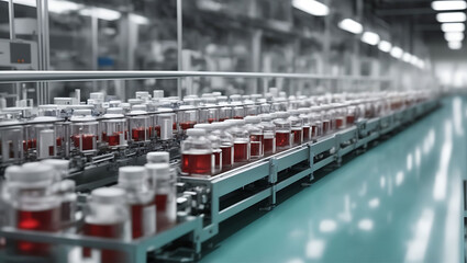 Naklejka premium Pharmaceutical production operations, focusing on medical vials or pharmaceutical bottles that are manufactured in the factory.