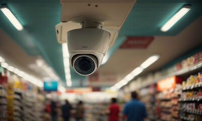 Obraz premium security camera mounted on the ceiling, actively surveilling an aisle in a convenience store, emphasizing the importance of safety and security 