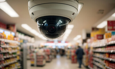 security camera mounted on the ceiling, actively surveilling an aisle in a convenience store, emphasizing the importance of safety and security  - obrazy, fototapety, plakaty