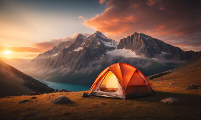 camping tent high in the mountains at sunset, creating a sense of peace, tranquility, and the beauty of nature in the twilight hours.