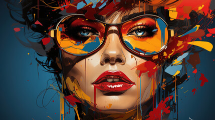 Beautiful Retro Old Fashioned Young Girl With Big Goggles Colorful Portrait Oil Painting Background