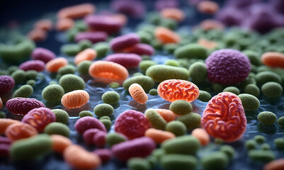 Abstract, the concepts of probiotics, bacteria, and their role in promoting digestive health and harnessing the body's immune system to fight diseases like cancer more effectively. Viruses and infecti - obrazy, fototapety, plakaty