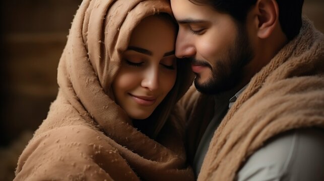 A couple in love, wrapped in a warm hug
