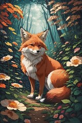 Fototapeta premium dibujo de un zorro rodeado de flores