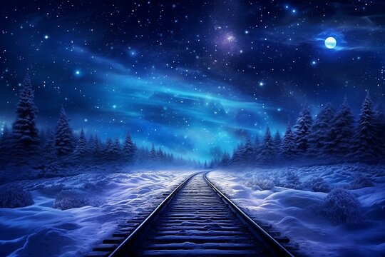Snowy winter scenery with textured tracks and a gleaming dark night adorned with stars. Generative AI