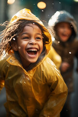 Fototapeta premium Bond of Friendship & Laughter Captured with African American Black Boys in Yellow Raincoats Playing - Innocent Moments of Childhood Joy.