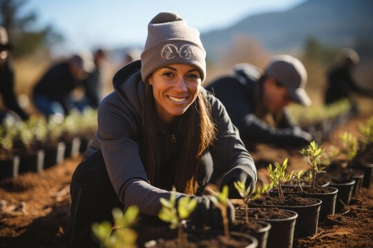 A heartwarming image of a group of volunteers planting trees in a reforestation project, symbolizing their commitment to environmental conservation and the positive impact of outdoor community activit